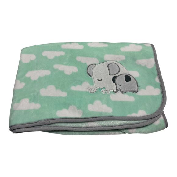 Cloud Island Elephant Baby Blanket Green Grey Trim Clouds Plush Lovey Mom Baby - Picture 1 of 5